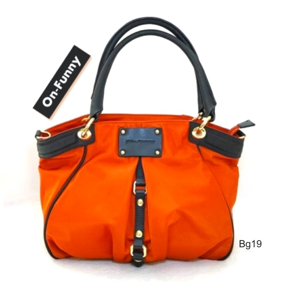 Orange Nylon Black Real Leather Trim Tote Travel Shopping Bag Carryall Shoulder